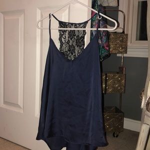 Deep blue silk lace tank top